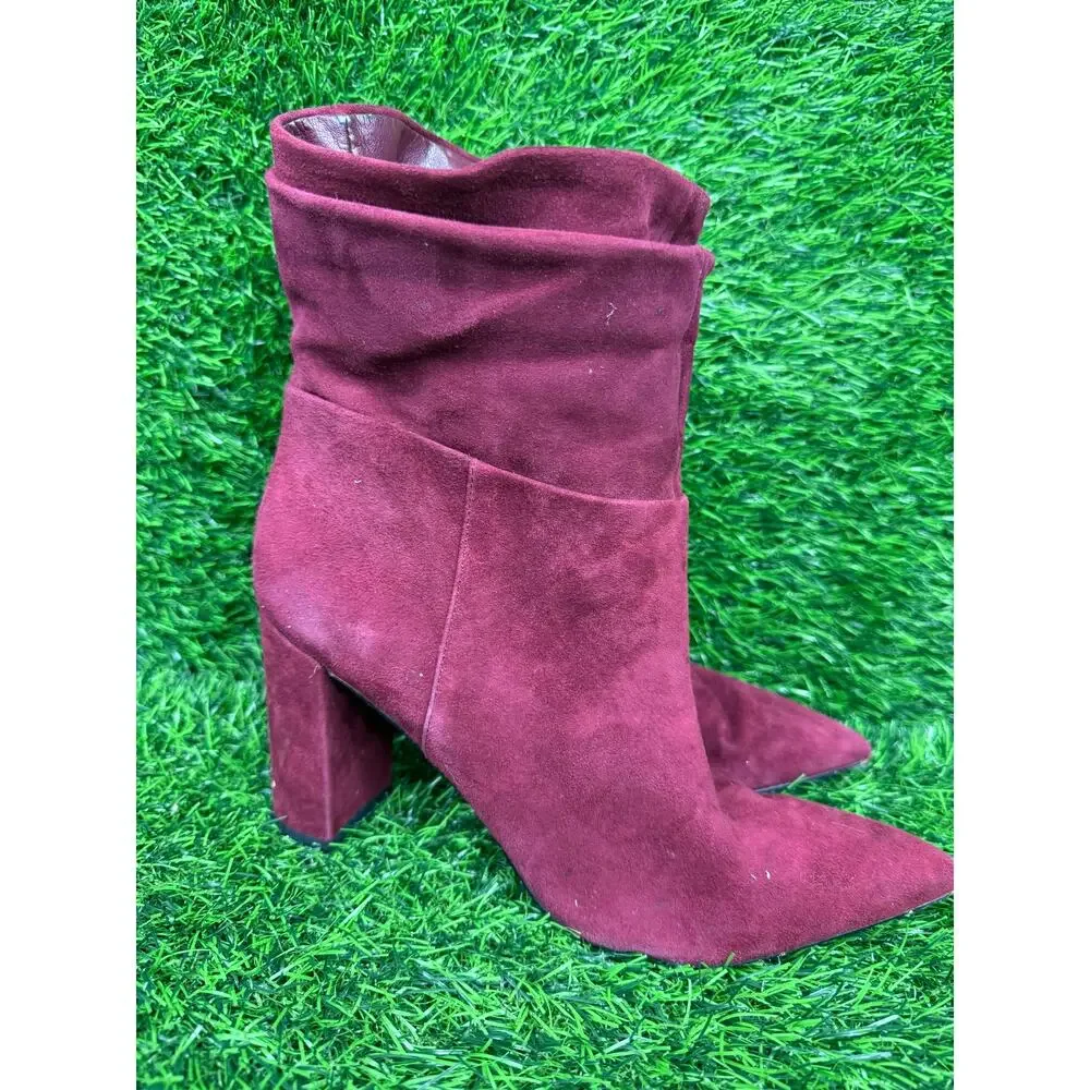 Marc Fisher Women 8M Burgundy Suede Leather Slouch Pointed Toe Block Heel Bootie